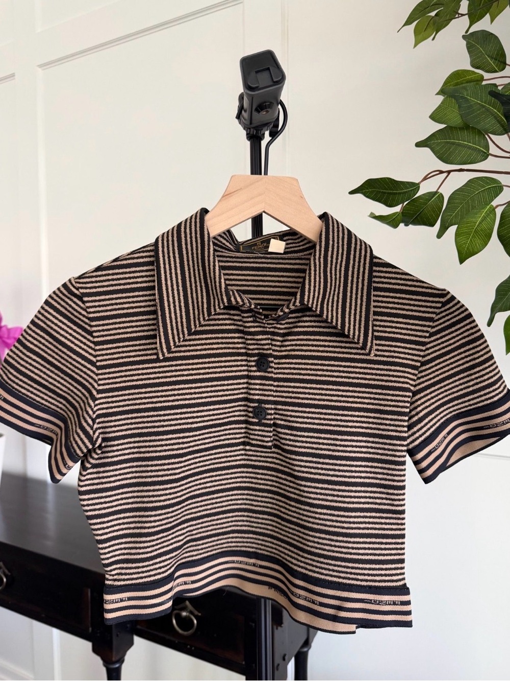Vintage FENDI Mare Striped Knit Polo Cropped Top Black Beige IT 42